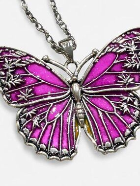 Fuchsia Butterfly Pendant Necklace Silver Tone 16" Chain